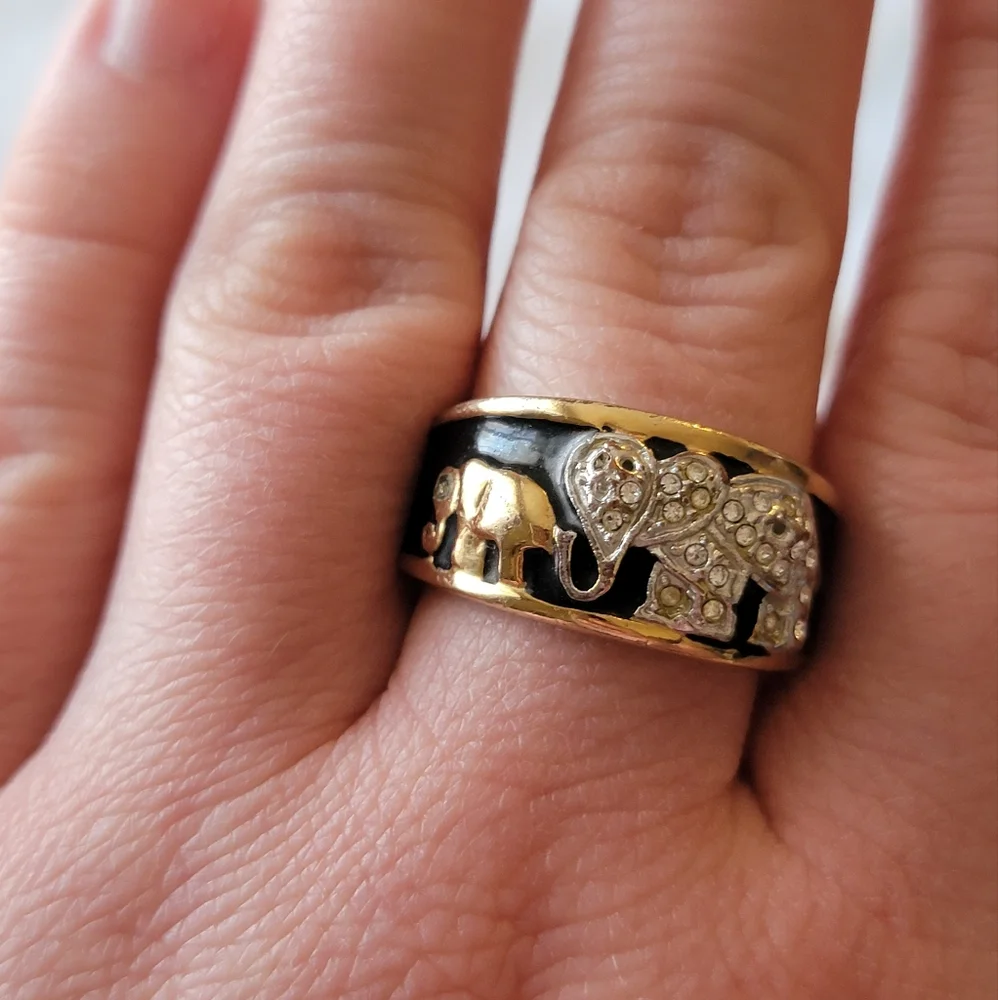 Vintage RINC Elephant Cocktail Ring Mama and Baby | Gold Tone | Black Enamel